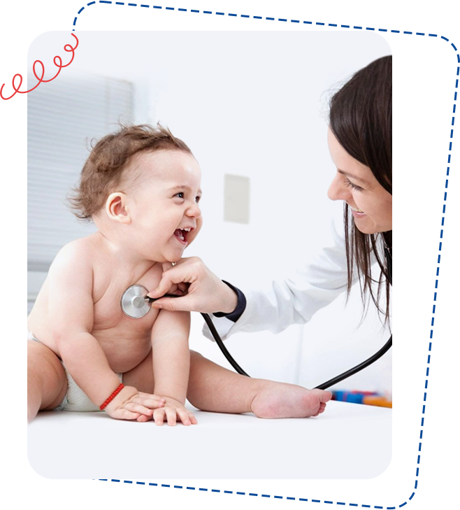 Female doctor listening to smiling baby's heartbeat